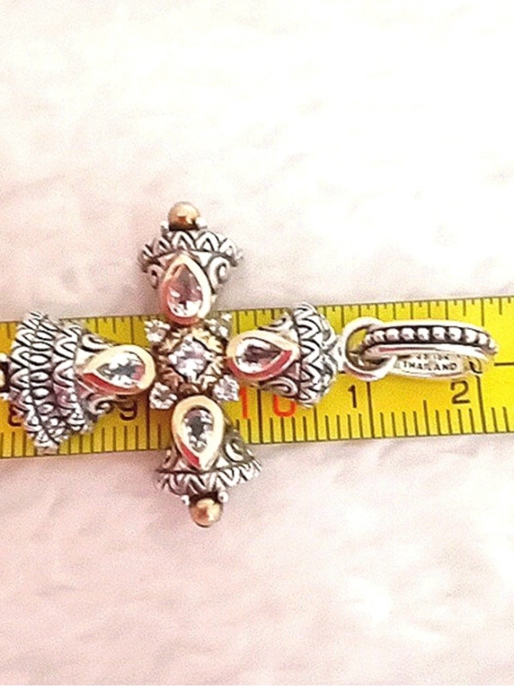 Two-Tone Silver and Gold Cross Pendant Necklace with Clear Stones - Picture 2 of 5